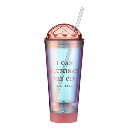 Luminous Creative Coffee Cup Plastic Cup Light Gradient Portable Student Double Straw Water Cup - Wnkrs