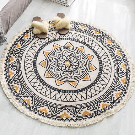 Round Hand-Woven Carpet Tassel Edge Simple Line Coffee Table Mat American Light Luxury Floor Mat - Wnkrs