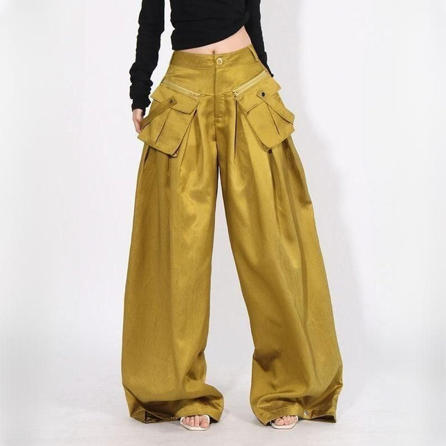 Pantalon large décontracté à taille haute et couleur unie
