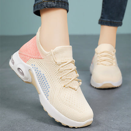 Zapatillas de deporte con cordones y amortiguación de aire para mujer, zapatos casuales de malla transpirables de tejido volador para verano