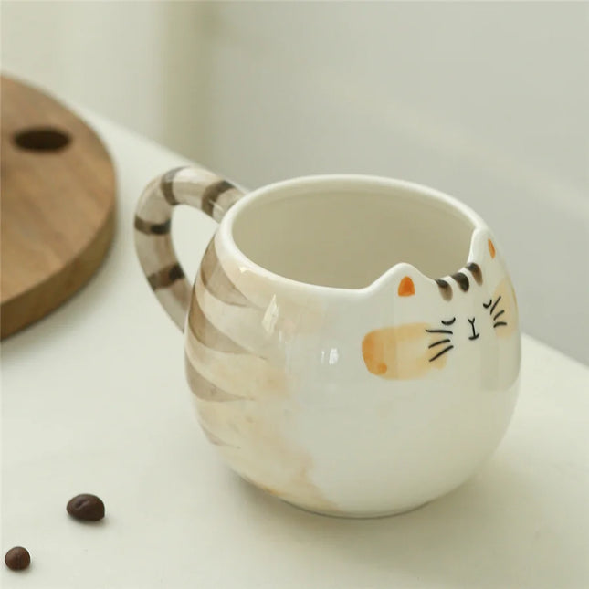 Bonita taza de cerámica con forma de gato: taza de café y té de 380 ml pintada a mano con cuchara