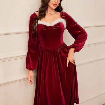 Women's Vintage Christmas Party Long Sleeve Red Dress