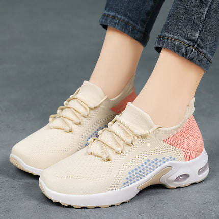 Zapatillas de deporte con cordones y amortiguación de aire para mujer, zapatos casuales de malla transpirables de tejido volador para verano