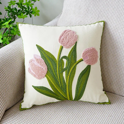 Housse de coussin brodée de fleurs de tulipe et d'orchidée