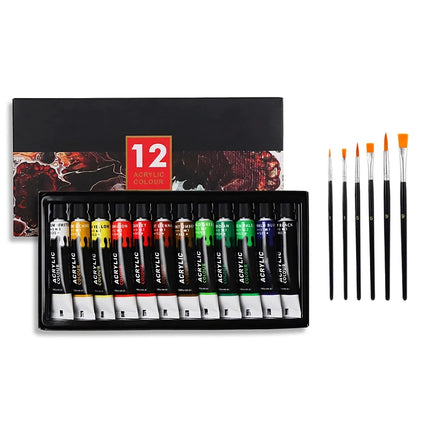 Coffret de peinture acrylique professionnelle - Tubes de 12 ml en 24 couleurs vives avec ensemble de pinceaux