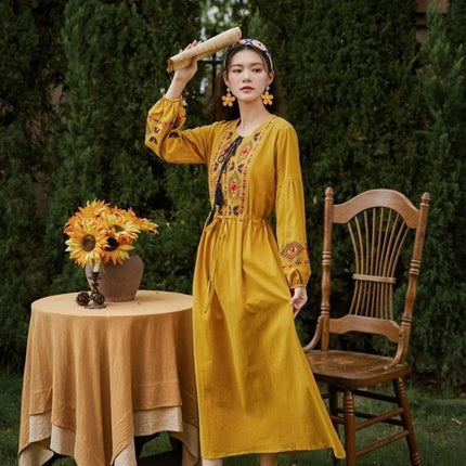 Vestido ceñido a la cintura con borlas bordadas de algodón y lino, estilo étnico artístico