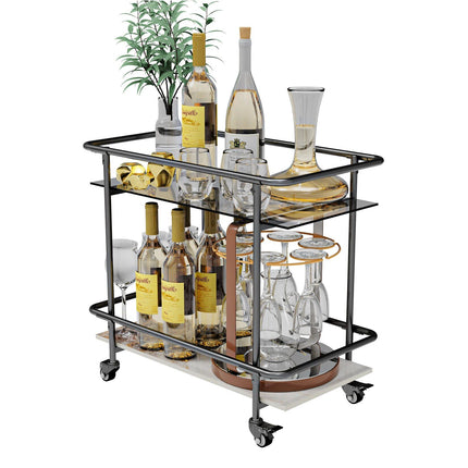 Luxury 2-Tier Rolling Bar Cart with Tempered Glass and Sintered Stone - Wnkrs