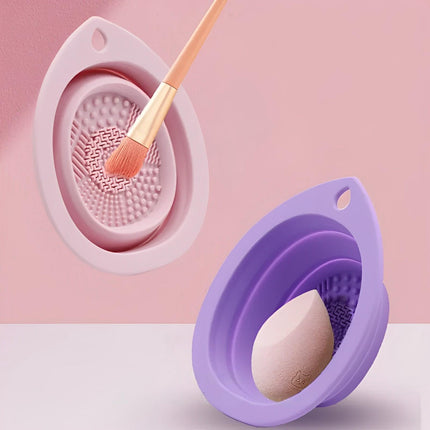 Nettoyeur de pinceaux de maquillage en silicone : bol de lavage pliable portable et tapis de nettoyage