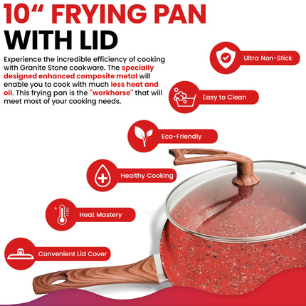 10 Inch Frying Pan With Special Lid - Deluxe Copper Granite Stone Coating - PFOA PFOS PTFE Free - Premium Nonstick Scratch Proof Coating - Comes With Special Lid, Red - Wnkrs