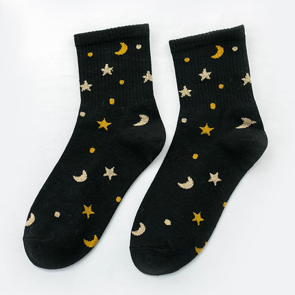 Calcetines elegantes de seda plateada con luna y estrellas para mujer