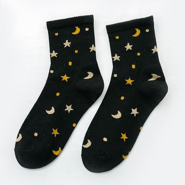 Chaussettes élégantes en soie argentée pour femme avec motif lune et étoile