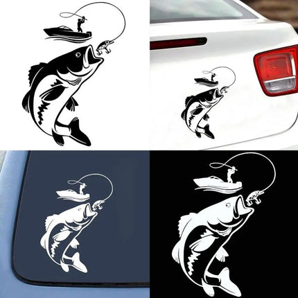 Reflective Fisherman & Fish Boat Car Decal - Waterproof PVC Vehicle Sticker - Wnkrs