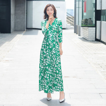 Vestido vintage cruzado de una pieza largo con encaje y estampado floral