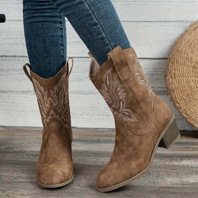 Bottes d'hiver ethniques à bout pointu et talon compensé, brodées, style western, pour femmes
