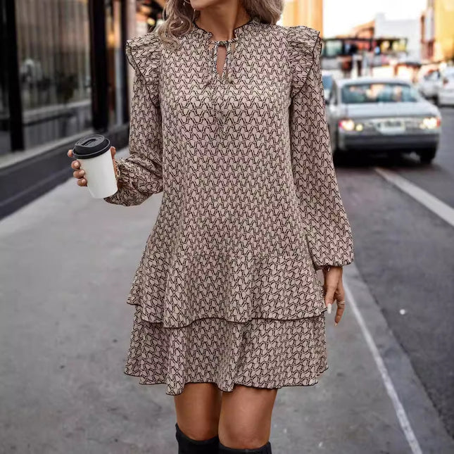 Vestido de manga larga con escote en V y cordones con estampado bohemio