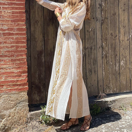 Vestido de longitud media bohemio de estilo nacional, manga larga, estampado floral, moda europea americana