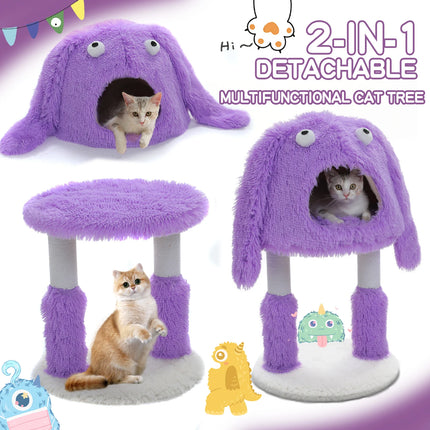 Torre de árbol para gatos de color morado con forma de monstruo y patas envueltas en sisal