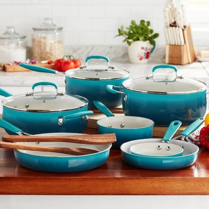 12-Piece Porcelain Enamel Ceramic Cookware Set in Ombre Teal - Wnkrs