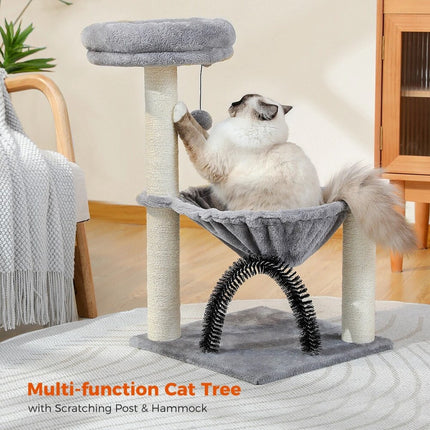 Arbre à chat compact avec hamac, griffoir et panier en peluche