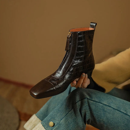 Bottes chaudes élégantes en cuir véritable avec fermeture éclair sur le devant