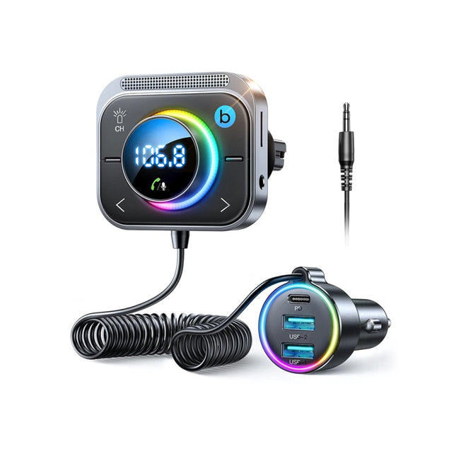 Transmetteur FM Bluetooth 5.3 avec ports AUX, Bass Boost et charge rapide