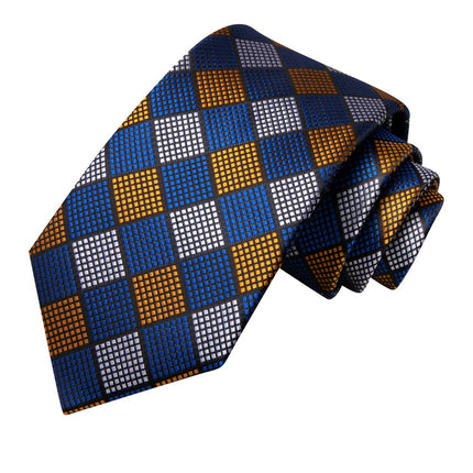 Conjunto de corbata de seda a cuadros azul y dorado para hombre