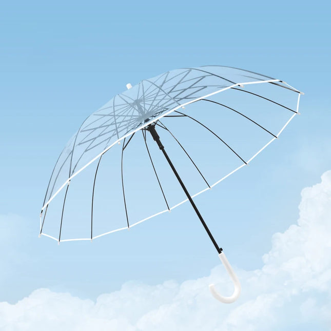 Transparent Windproof Umbrella with Strong 16 Ribs and Long Handle