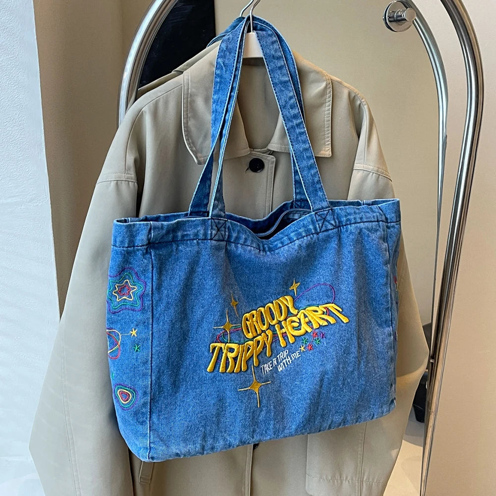 Embroidered Shoulder Tote with Interior Pockets