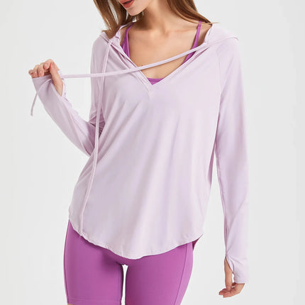 Sudadera con capucha para yoga de manga larga con protección UV para mujer: camiseta de entrenamiento ligera y transpirable