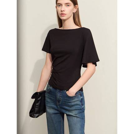 T-shirt minimaliste asymétrique à col slash pour femme