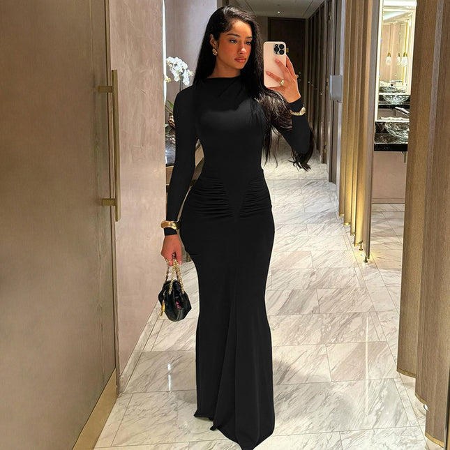 Robe ajustée plissée à manches longues et taille haute