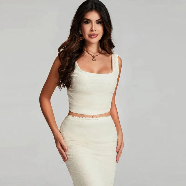 Elegante conjunto de dos piezas de encaje para mujer: blusa sin mangas y falda larga