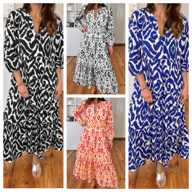 Robe imprimée à manches longues et col en V pour femme