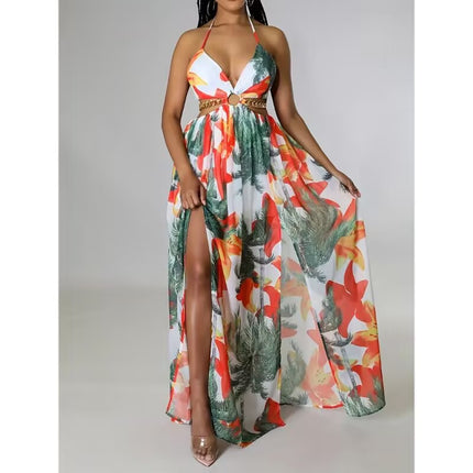 Womens Floral Print Backless Side-Slit Dress