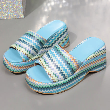 Sandalias de cuña con estampado de ondas de colores a la moda, zapatillas de tacón alto para exteriores de verano, zapatos de suela gruesa para mujer