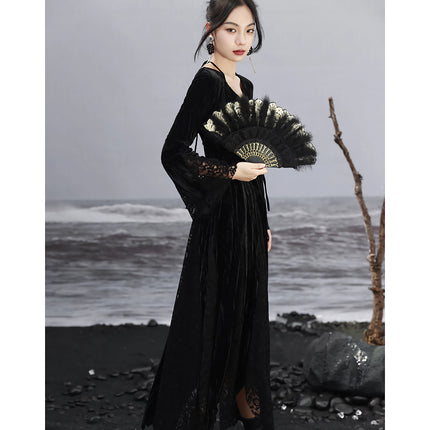 Dark Velvet Lace Splice Dress for Women - Elegant Autumn Style