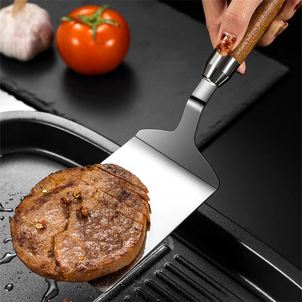 Spatule de cuisine en acier inoxydable avec manche en bois - Ustensiles pour teppanyaki, pizza, crêpes et barbecue