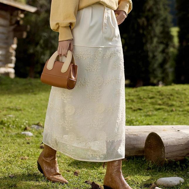 Falda de patchwork con volantes y bordado de encaje para mujer