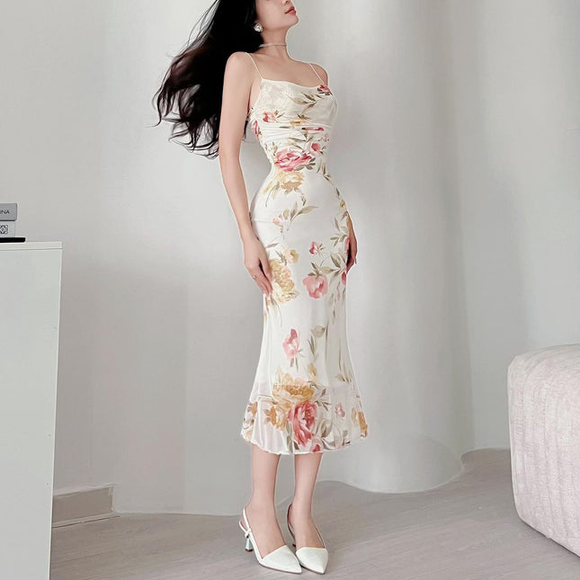 Robe trapèze à bretelles spaghetti en maille à imprimé floral de style européen et américain pour femmes