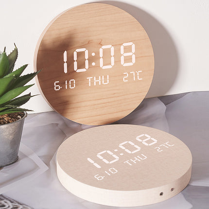 Reloj de pared de madera LED con pantalla de temperatura, estilo nórdico silencioso