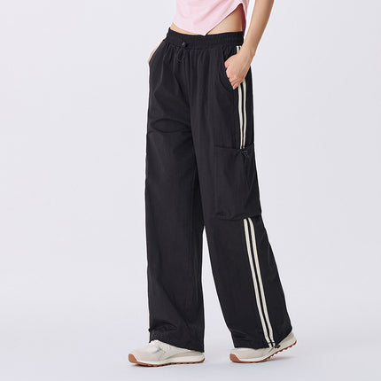 Pantalones casuales de pierna ancha con cordón y cintura elástica para mujer