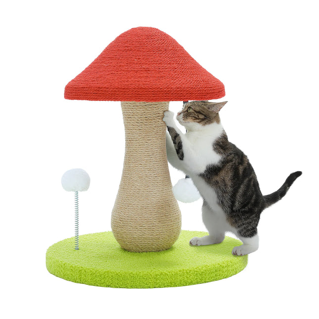 Rascador para gatos con forma de hongo, sisal y pompones