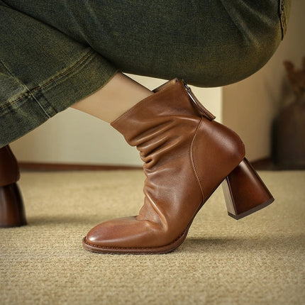 Botines de piel auténtica con tacón grueso y punta cuadrada para mujer