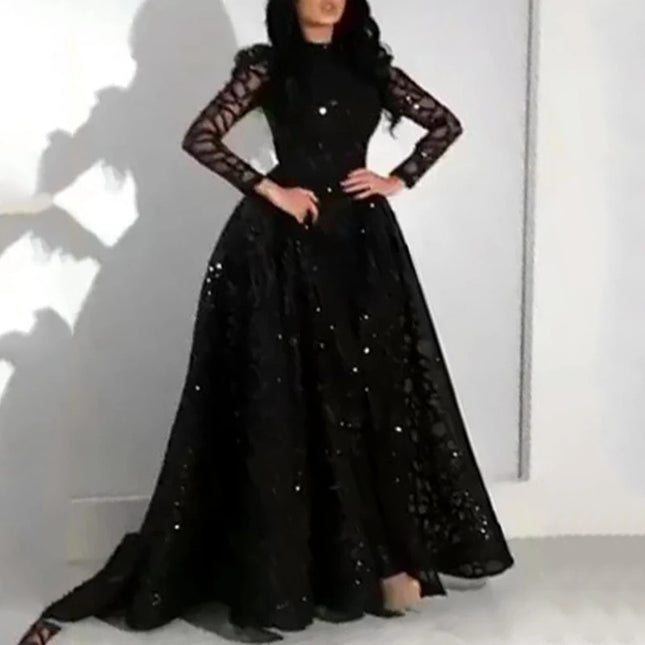 Robe décontractée polyvalente à manches longues pour femmes avec paillettes dorées