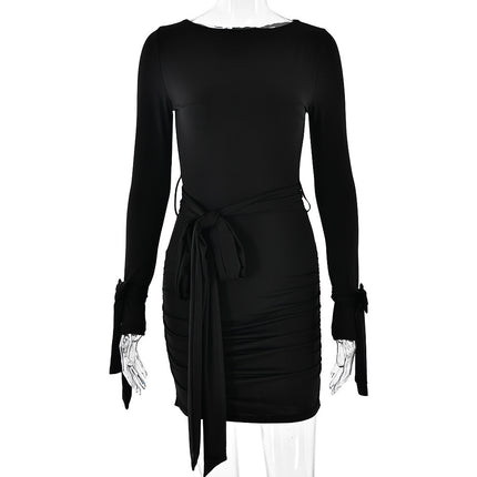 Round Neck Long Sleeve Bowknot Lace-up Pleated Slim Fit Dress