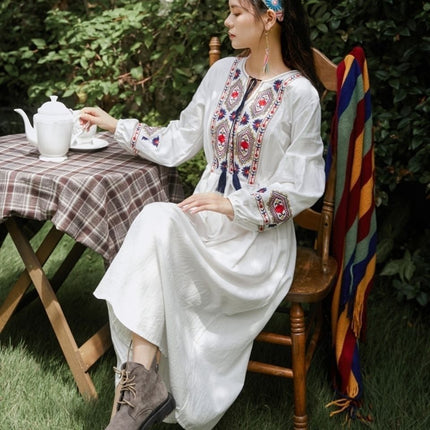 Vestido ceñido a la cintura con borlas bordadas de algodón y lino, estilo étnico artístico