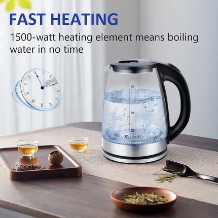 Electric Kettle Water Boiler, 1.8L Electric Tea Kettle, Wide Opening Hot Water Boiler With LED Light, Auto Shut-Off & Boil Dry Protection, Glass Black - Wnkrs