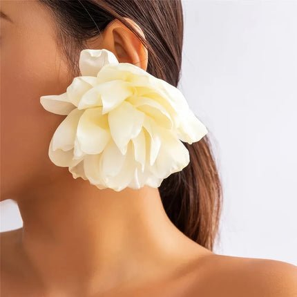 Exaggerated Fluffy Fabric Flower Stud Earrings