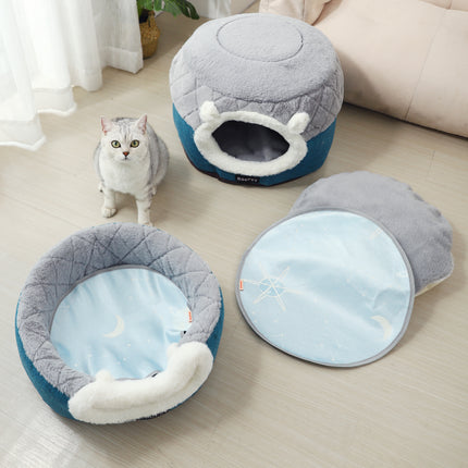 Cómoda cama y casa de felpa convertible para gatos y perros pequeños