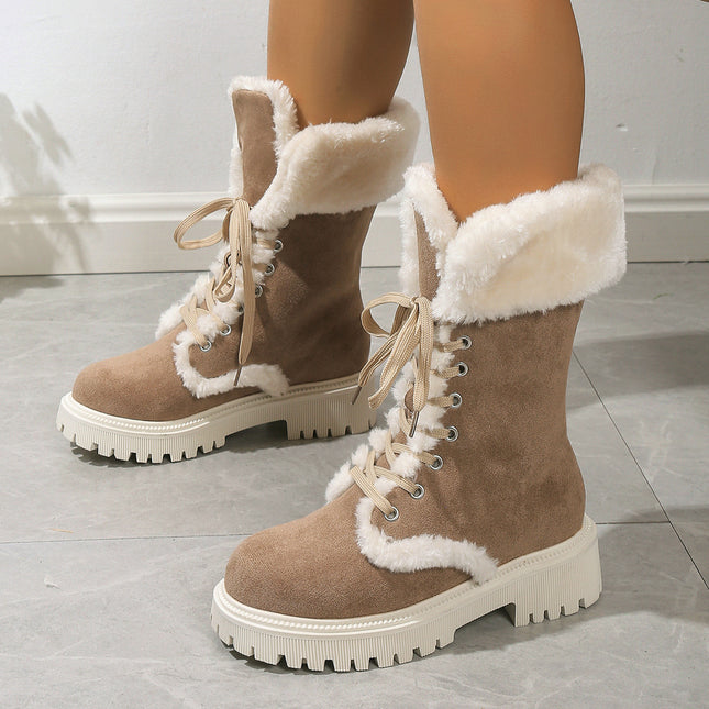 Bottes de neige à lacets d'hiver pour femmes, chaussures en polaire à mi-tube, bottes chaudes à talons épais en peluche